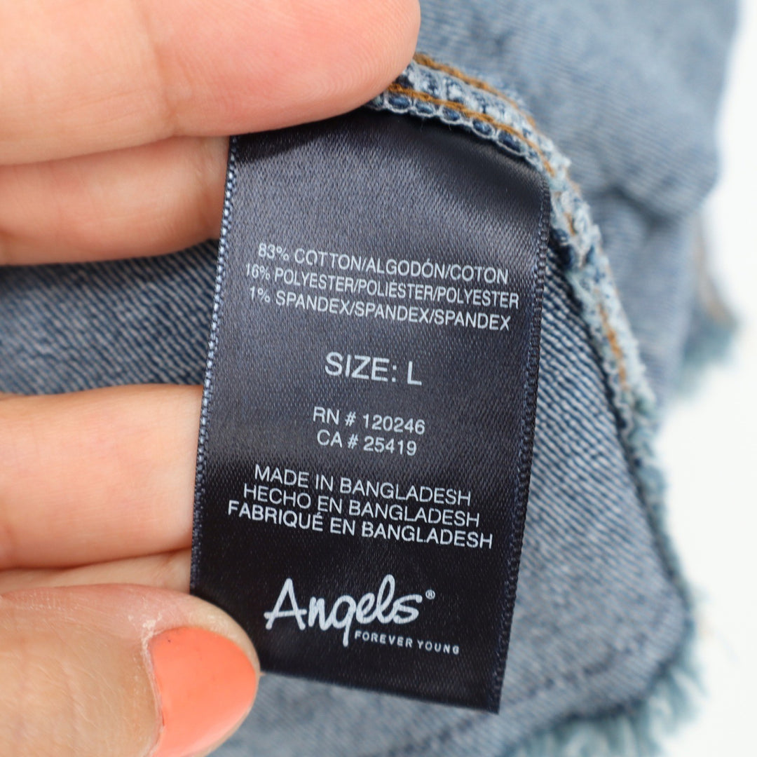 Angels Forever Young Womens Dark Wash Frayed Hem Denim Trucker Jacket Large Blue
