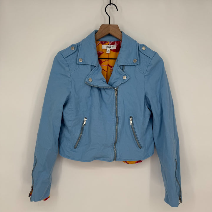 Color Me Courtney Dennis Biker Jacket Womens 12 Blue Cotton Asymmetrical Zip