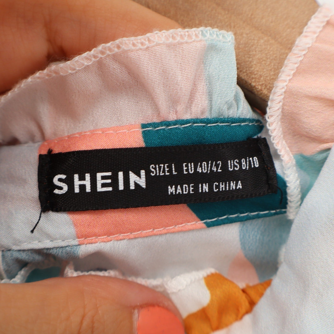 SHEIN Multicolor Abstract Print Mock Neck Flutter Sleeve Blouse Large