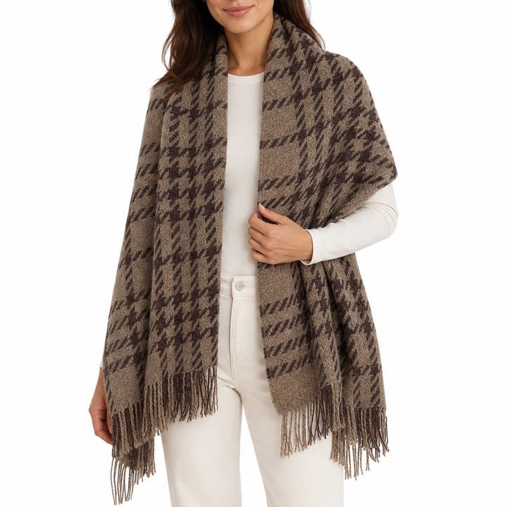 C.C Brown Tan Plaid Fuzzy Knit Fringe Shawl Wrap Oversized Scarf