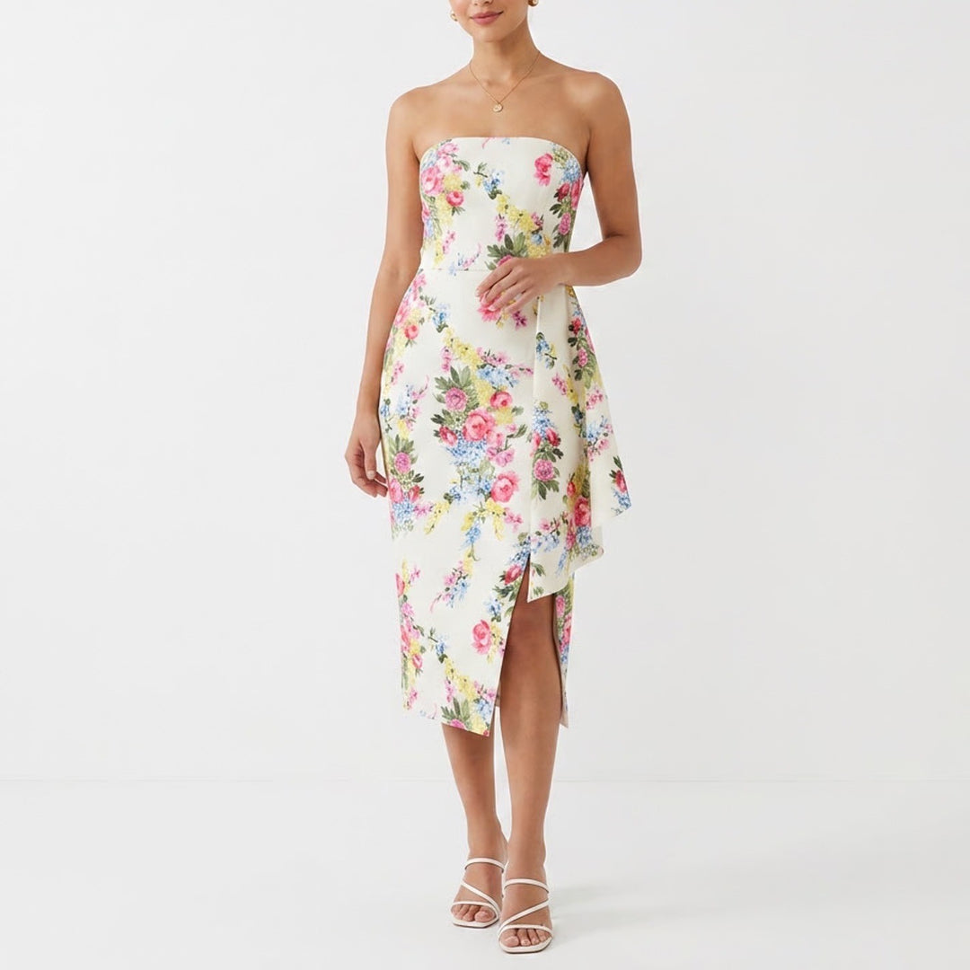 ASOS Floral Strapless Midi Dress Cream Pink Yellow Ruffle Wrap Size 8 NEW