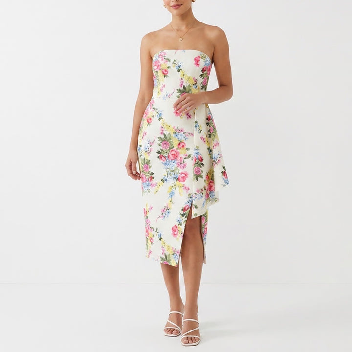 ASOS Floral Strapless Midi Dress Cream Pink Yellow Ruffle Wrap Size 8 NEW