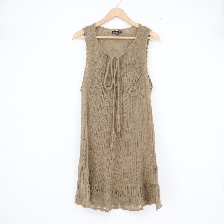 Jasmine KC Tan Mohair Wool Blend Open Knit Tie Front Tassel Tunic Sweater M