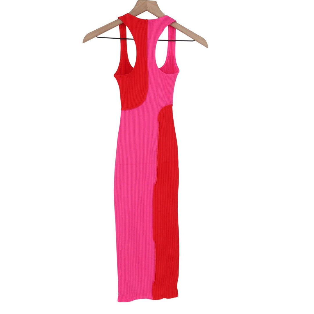 Naked Wardrobe Pink Red Colorblock Ribbed Midi Dress Small