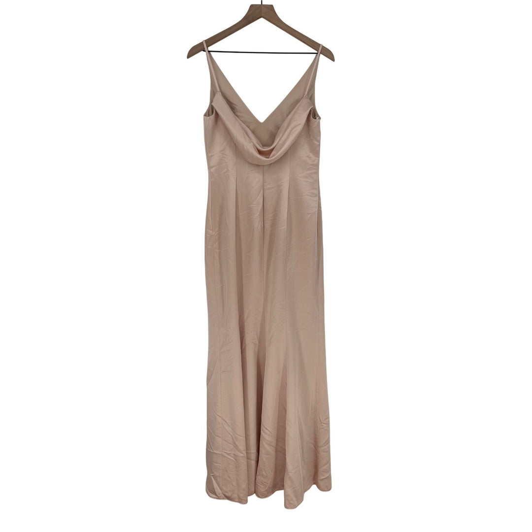After Six Beige Satin V Neck Spaghetti Strap Floor Length Gown Dress Sz 4