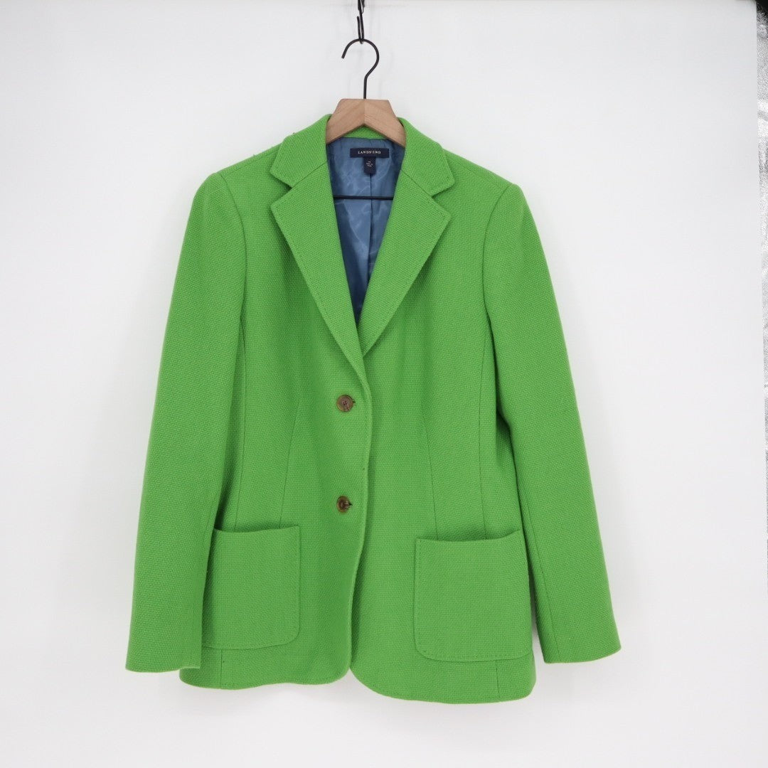 Land's End Blazer Jacket Womens 14P Green Nylon Single Breasted Notch Lapel