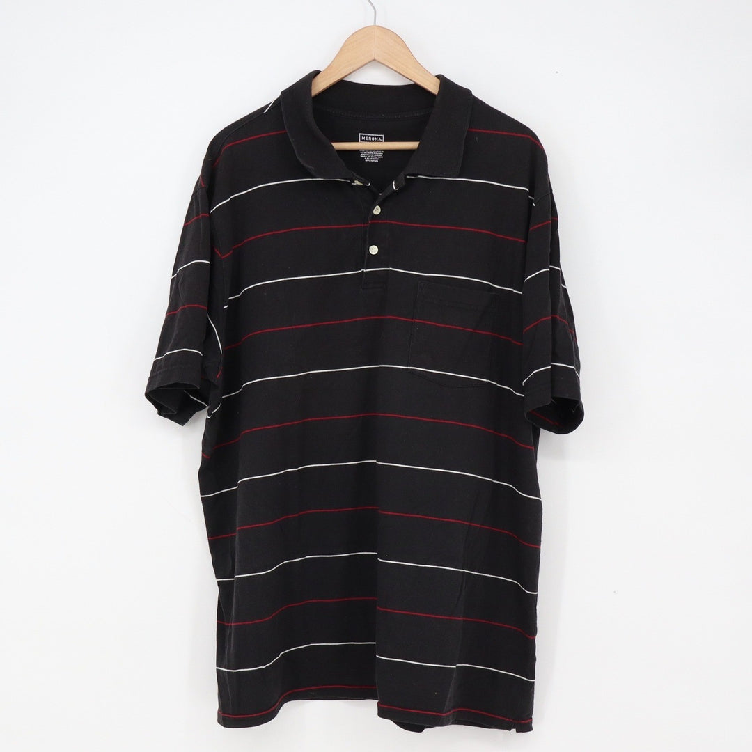 Merona Polo Shirt Mens XXL Casual Black Striped Short Sleeve Pocket Good