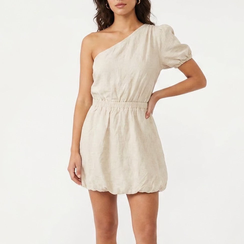 Promesa Womens One Shoulder Linen Blend Mini Dress Oatmeal Beige Size L