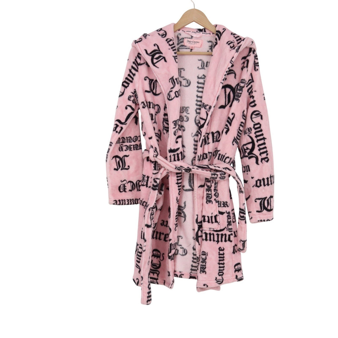 Juicy Couture Pink Gothic Script Logo Plush Hooded Robe S/M Loungewear