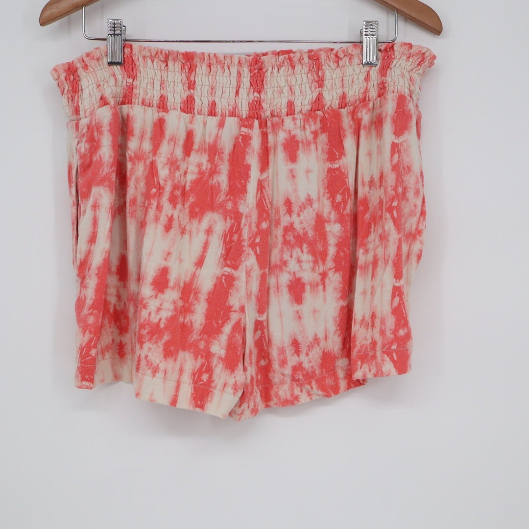 Time and Tru Womens Smocked Waist Tie Dye Shorts Coral Pink White Size L 12-14
