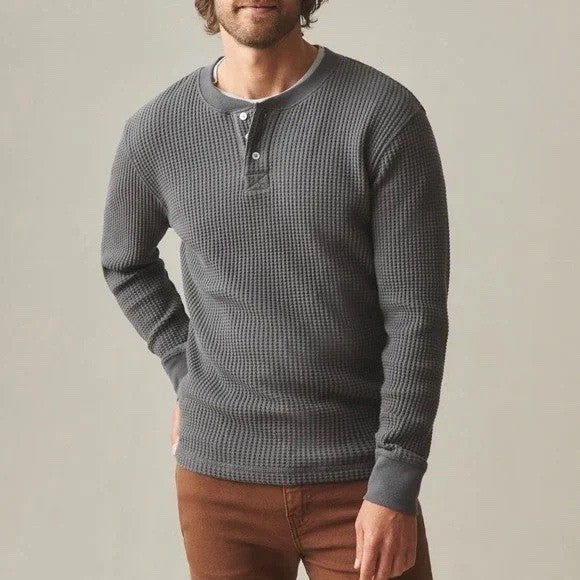 American Giant T-Shirt Mens XL Brown Cotton Stretch Rib Henley Neck Waffle Knit