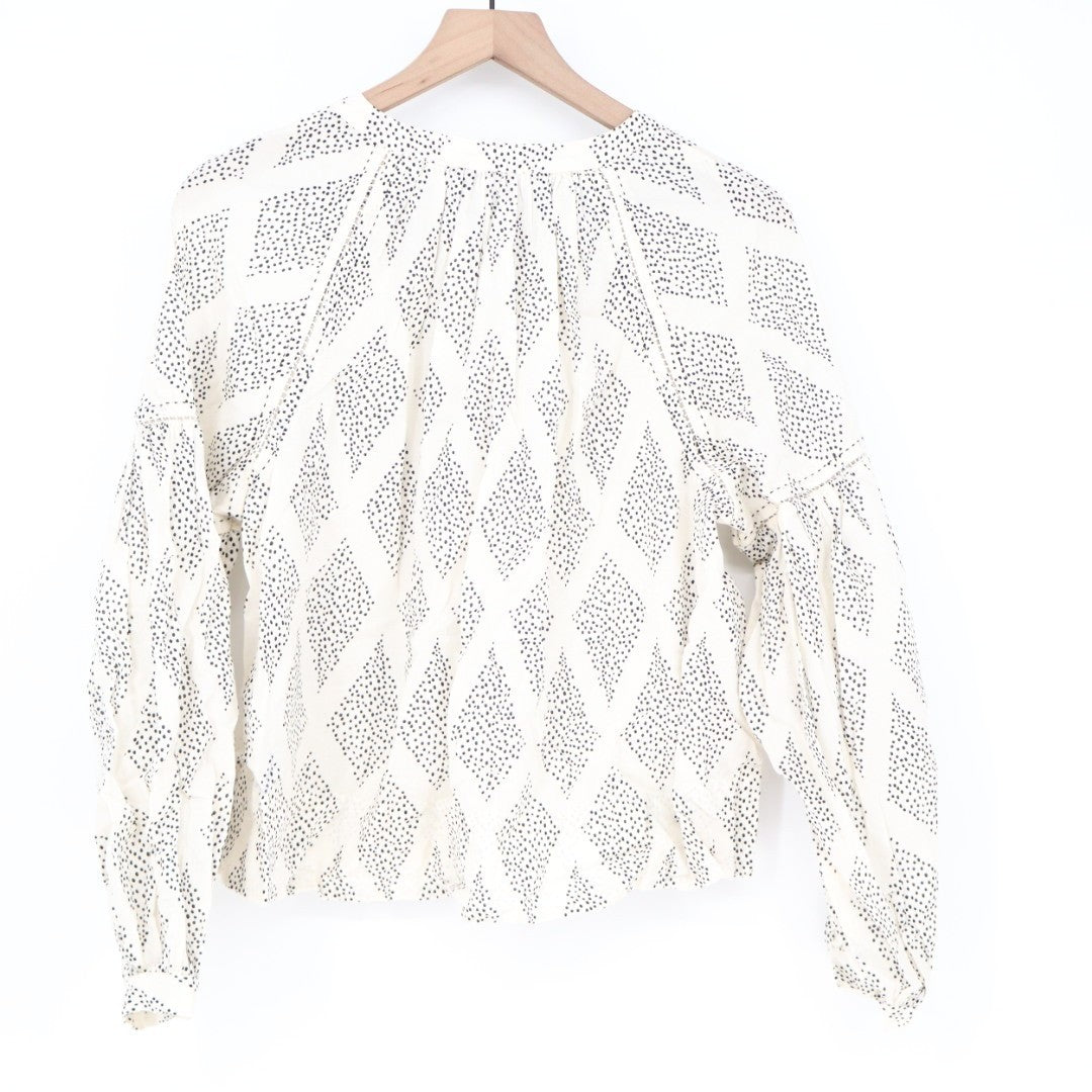 Madewell Shirred Blouse Women's Medium White Geometric Print Balloon Sleeve