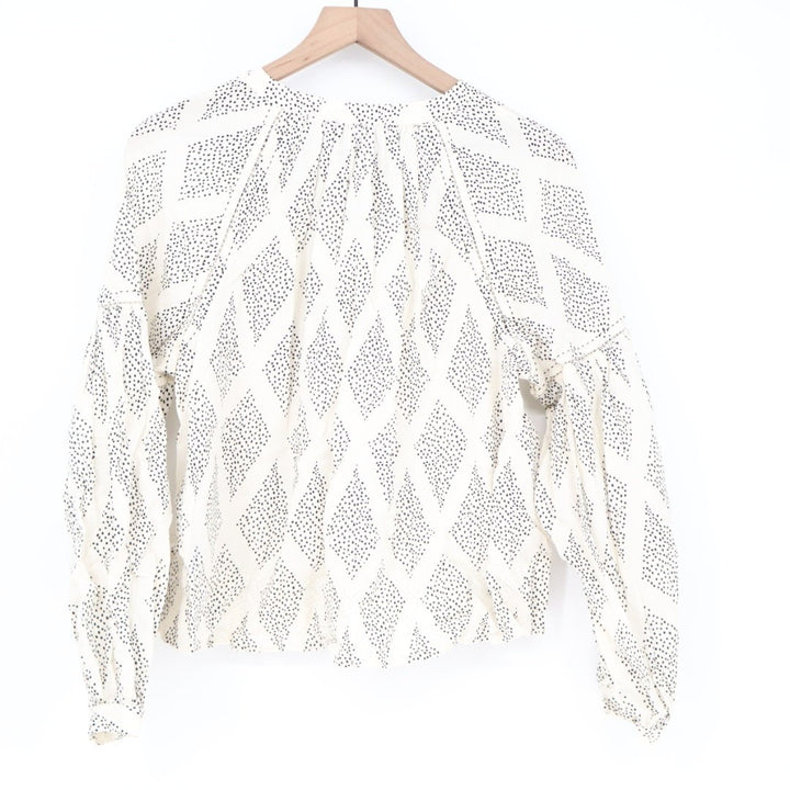 Madewell Shirred Blouse Women's Medium White Geometric Print Balloon Sleeve