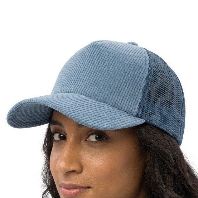 Free People Trucker Hat Women OS Blue Cohen Cord Curved Brim Adjustable Snapback