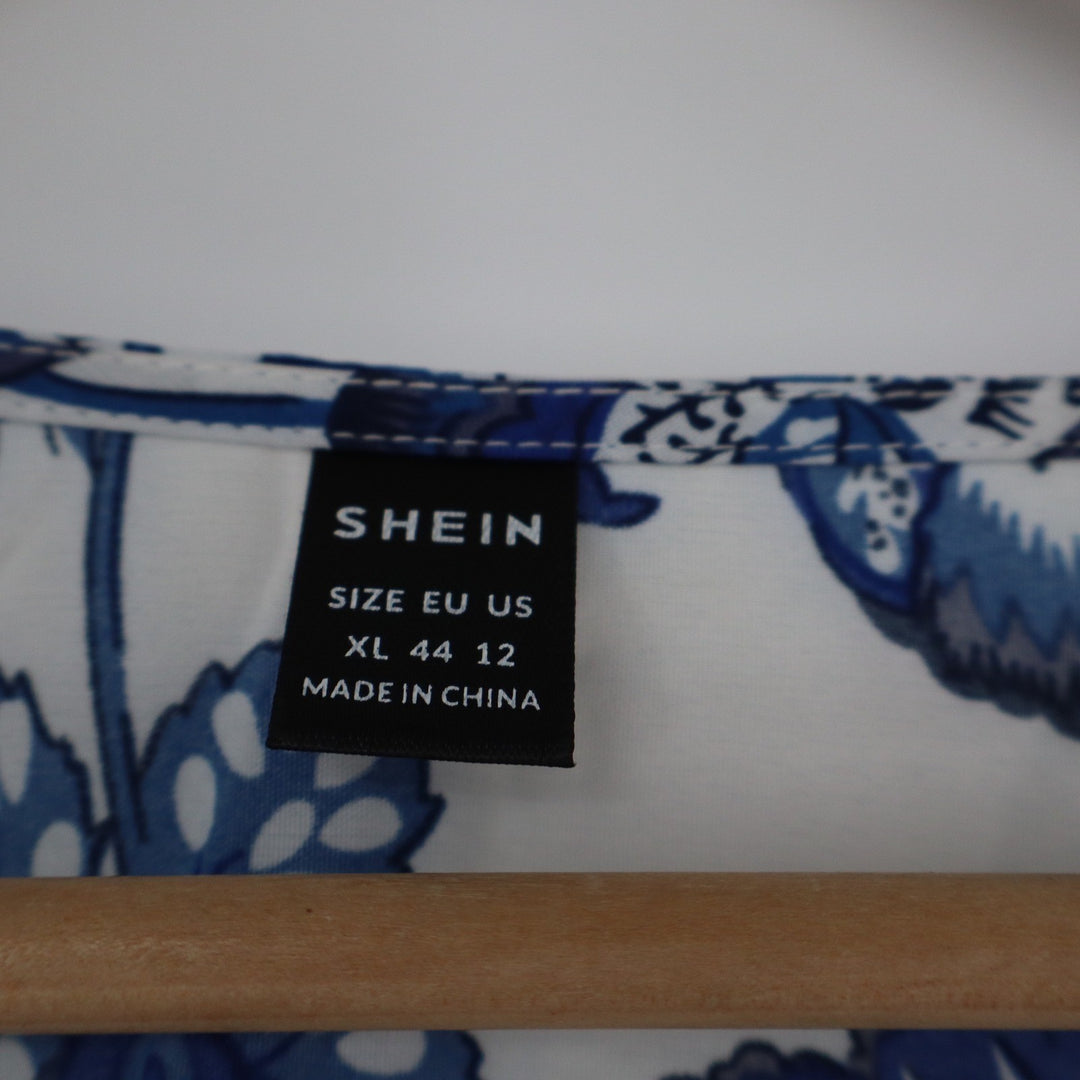 Shein XL Blue White Floral Tie Front Cropped Cardigan Top Long Sleeve