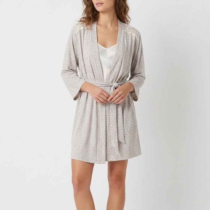 Elie Tahari Robe Womens Small Beige Stretch Leopard Print Tie Waist Sleep Wear