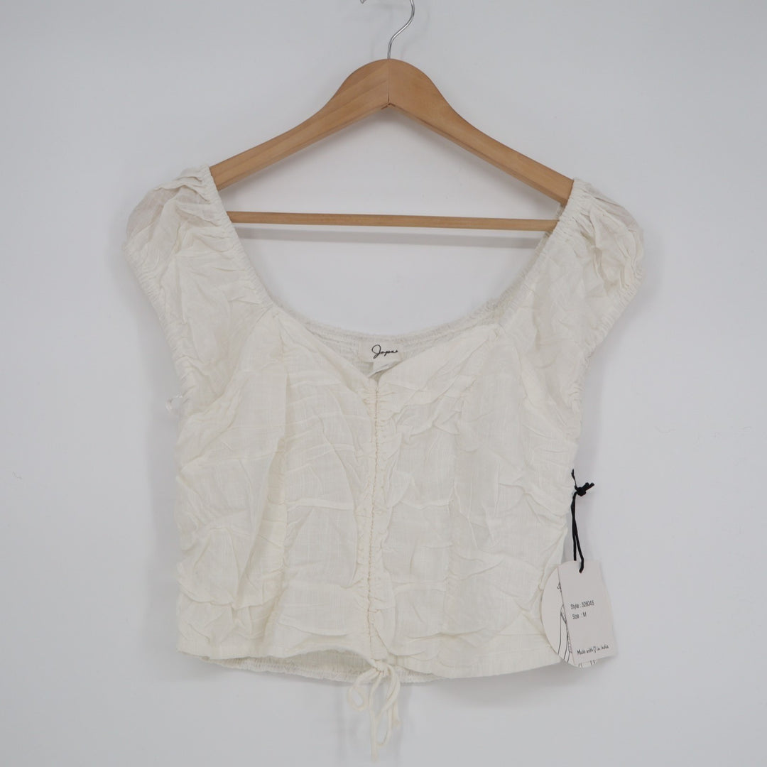 Japna Cropped Top Womens Medium White Smocked Back Cap Sleeve Tie-Front Detail