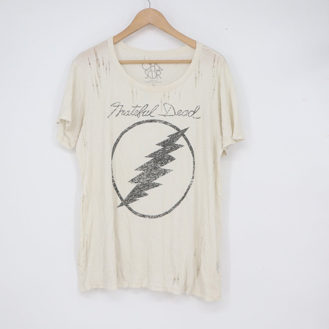 Chaser Grateful Dead Distressed Graphic T-Shirt Cream Lightning Bolt Logo Mens M