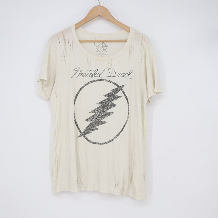 Chaser Grateful Dead Distressed Graphic T-Shirt Cream Lightning Bolt Logo Mens M