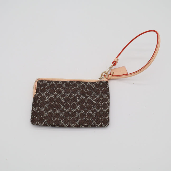 Coach Corner Zip Womens Brown Signature Canvas Inner Pockets Wristlet Wallet
