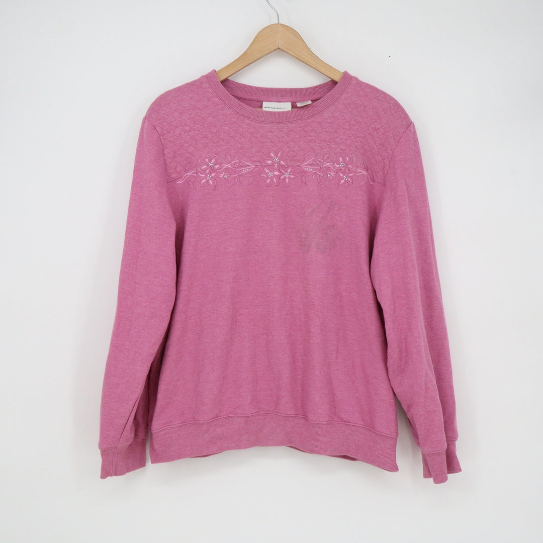Alfred Dunner Womens Pink Floral Embroidered Quilted Yoke Sweatshirt Size L