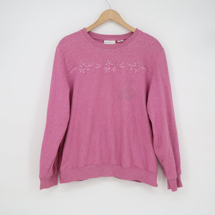 Alfred Dunner Womens Pink Floral Embroidered Quilted Yoke Sweatshirt Size L