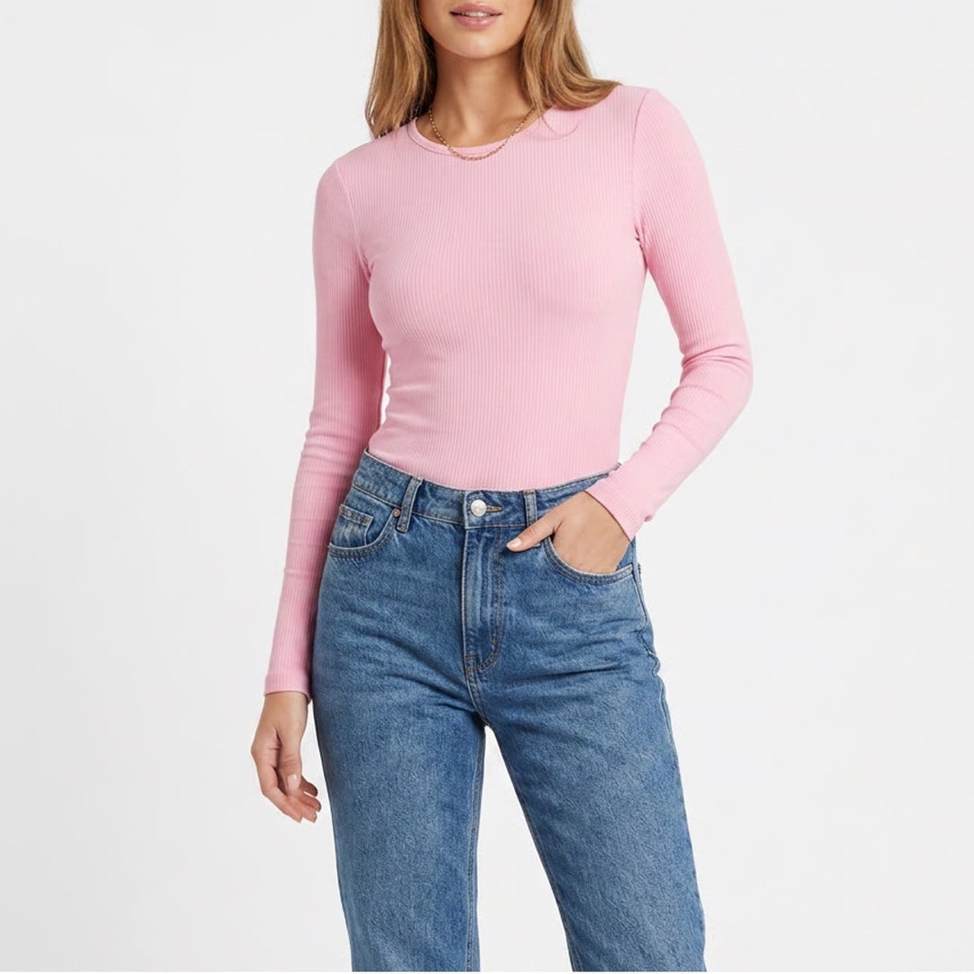 PrettyLittleThing T-Shirt Bodysuit Womens 6 Pink Stretch Long Sleeve Crew Neck