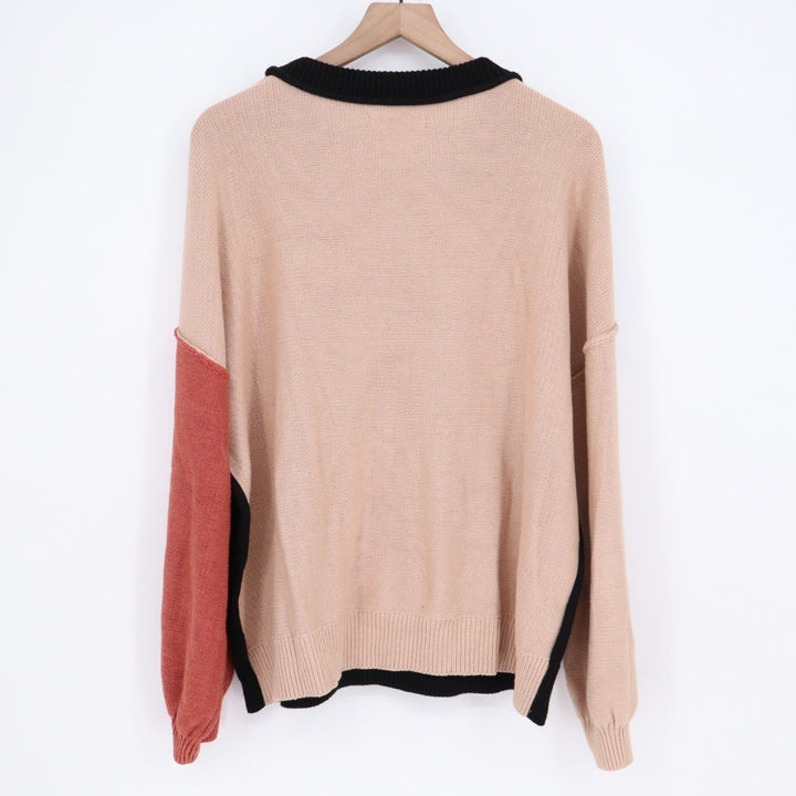 DOKOTOO Colorblock Sweater Black Beige Coral Knit Long Sleeve XL