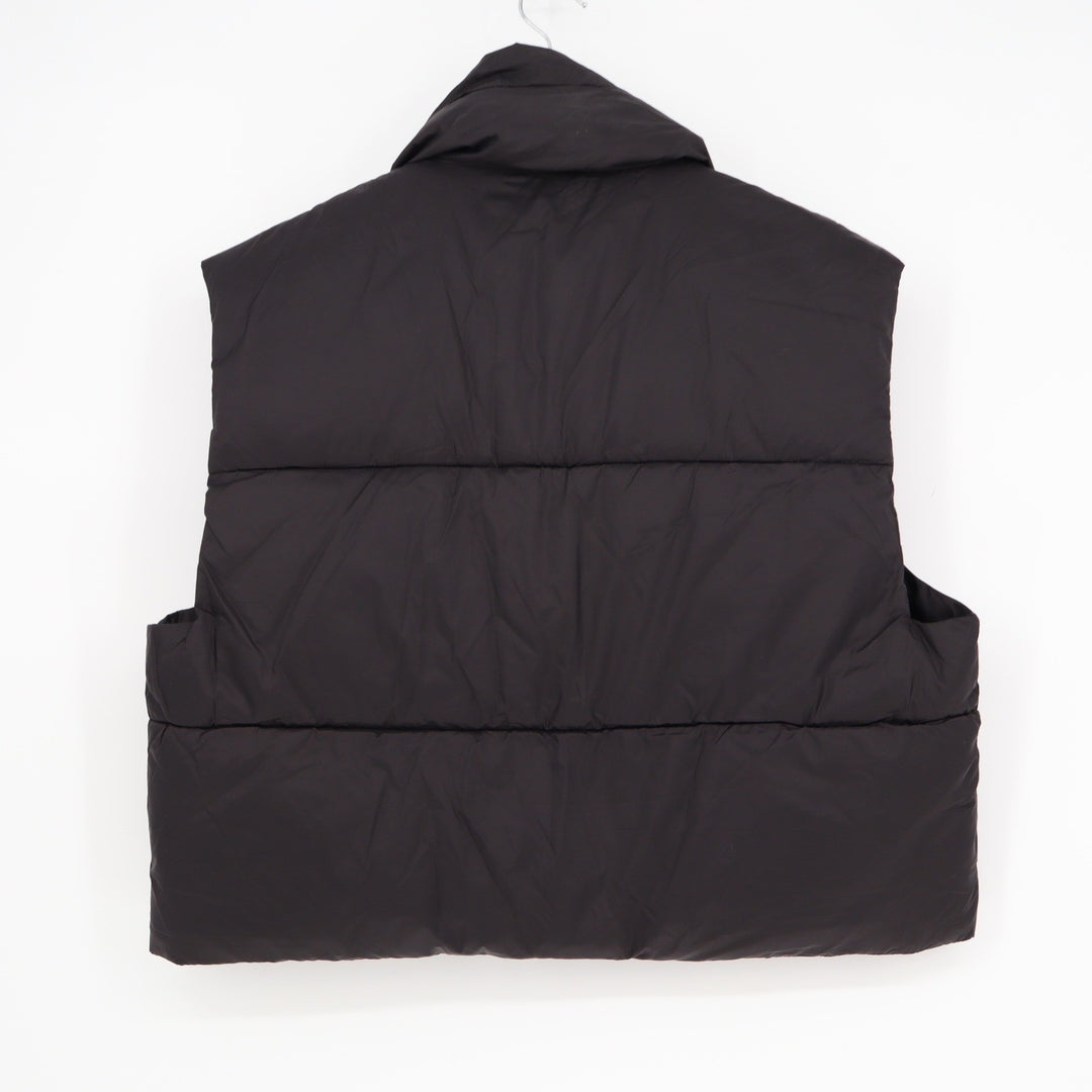 Black Puffer Vest Cropped Quilted Zip Up Stand Collar Sleeveless Jacket Large