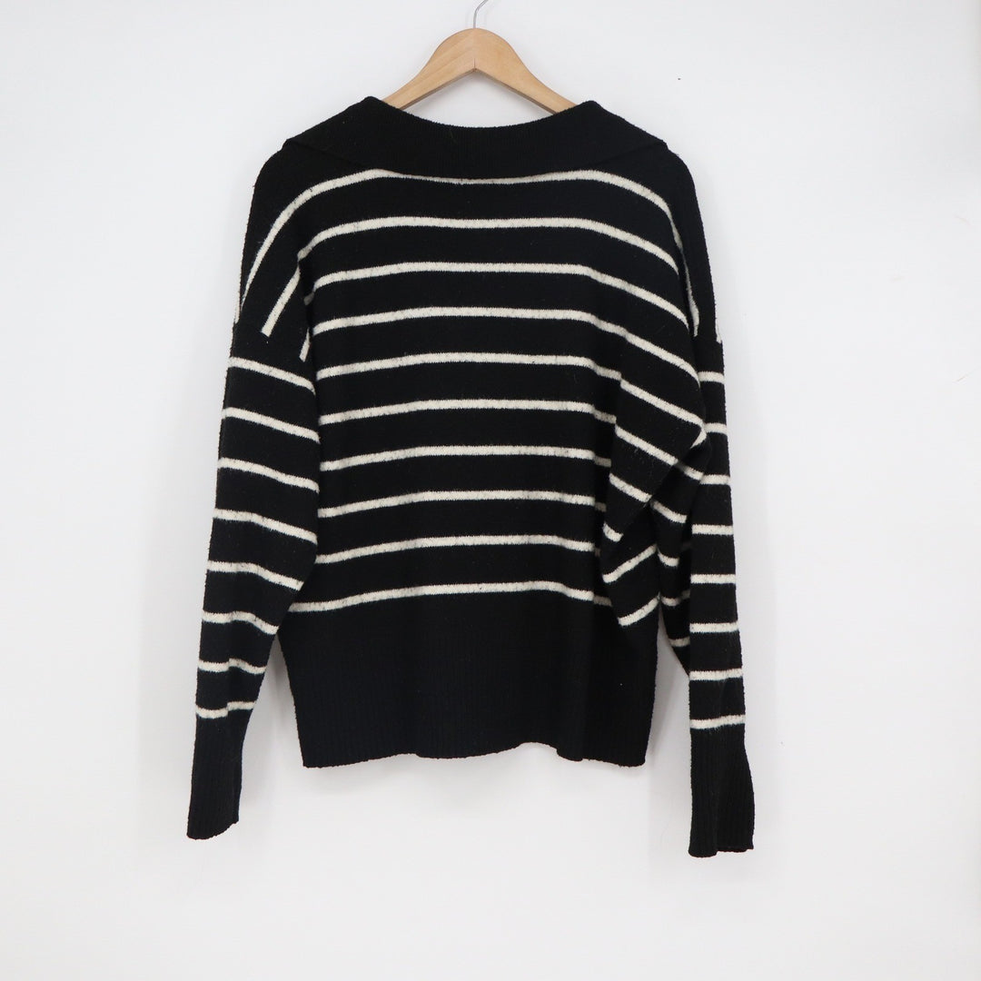 Simply Vera Vera Wang Black White Striped Polo Collar Sweater XL Cashmere Blend