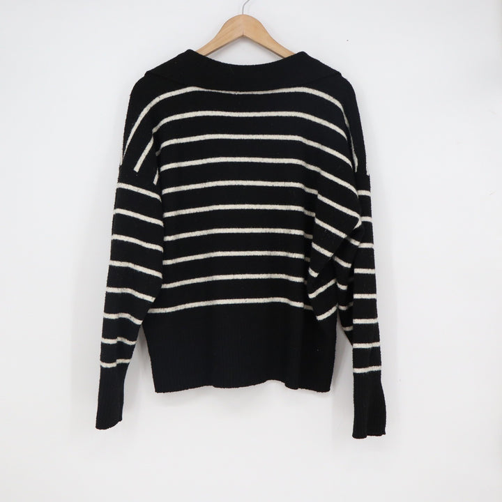 Simply Vera Vera Wang Black White Striped Polo Collar Sweater XL Cashmere Blend