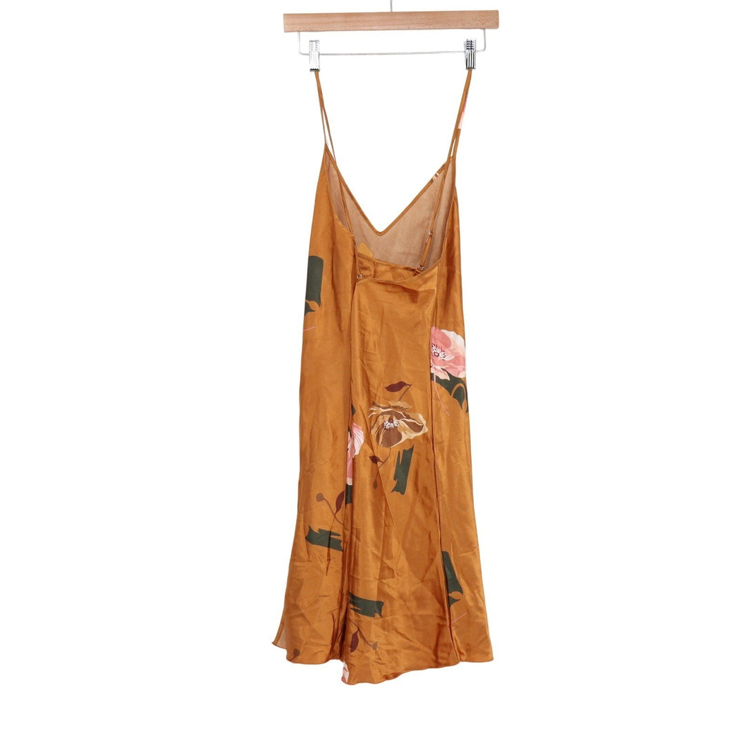 SHEIN Mustard Gold Floral Satin Slip Dress XL V-Neck Spaghetti Strap Midi