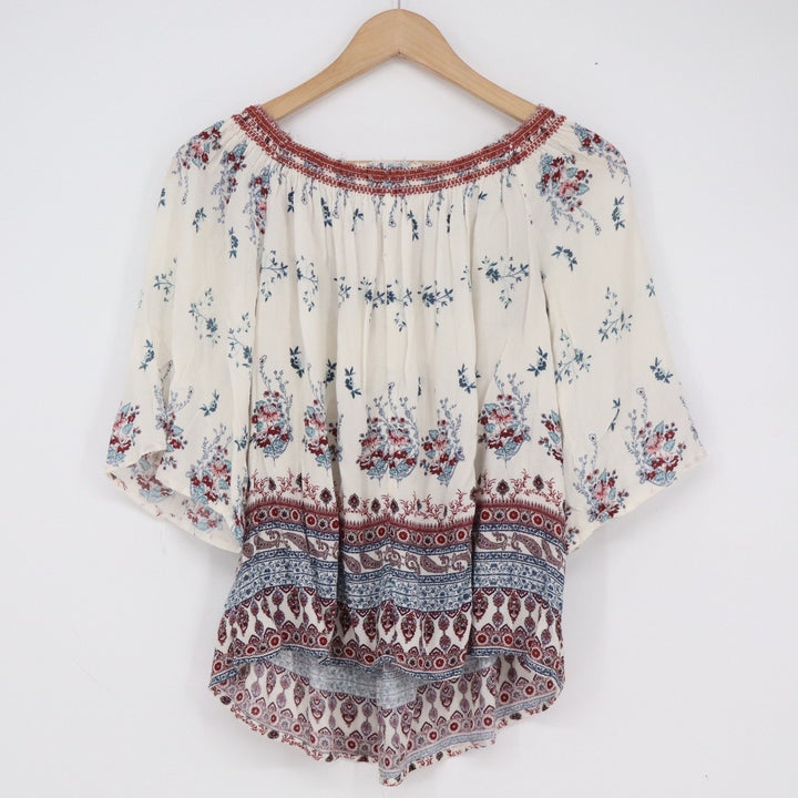 Rewind Women XL Floral Border Print Boho Smocked Flutter Sleeve Top