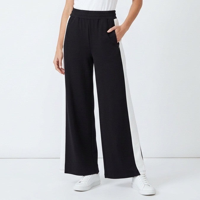 Womens Wide Leg Pants Small Black White Modal Stretch Elastic Waist Side Panels