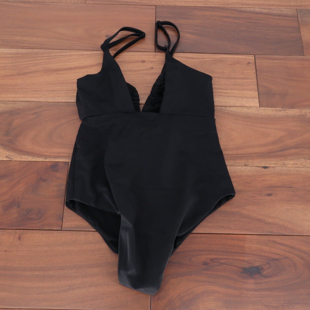 ASOS DESIGN Black V Neck Tie Front One Piece Swimsuit Bathing Suit US 2