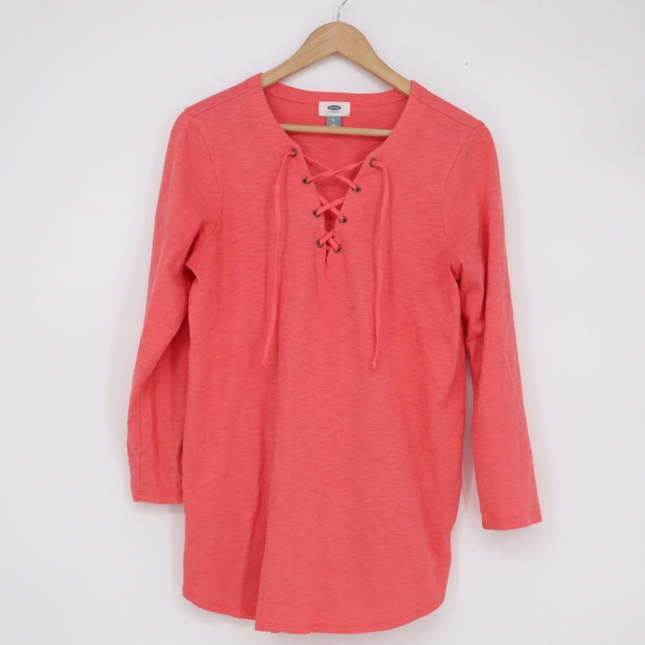 Old Navy Womens Coral Pink Lace Up V-Neck Long Sleeve Slub Cotton Tunic Top