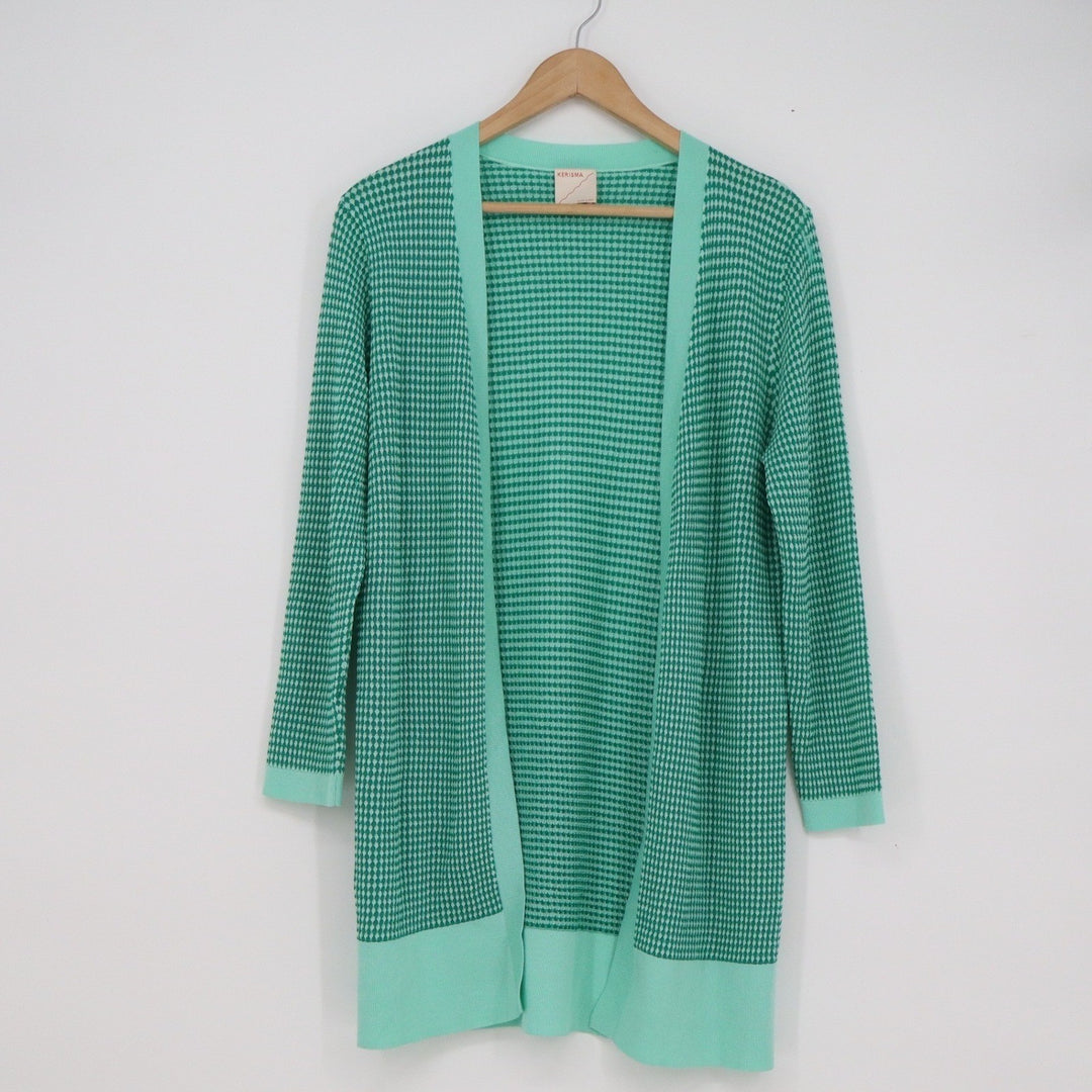 Kerisma Green Geometric Knit Open Front Cardigan Mid-Length Lightweight Sweater