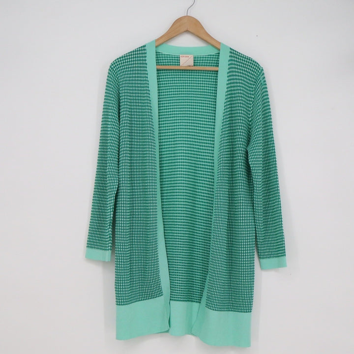 Kerisma Green Geometric Knit Open Front Cardigan Mid-Length Lightweight Sweater