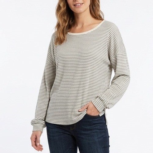 Pink Lily Top Womens Medium Gray White Striped Stretch Waffle Knit Relaxed Fit