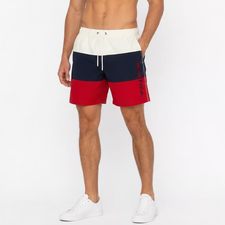 Nautica Mens Swim Trunks Colorblock White Navy Red Logo Shorts