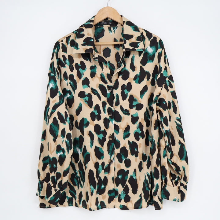 Shein Curve Shirt Womens 1XL Multi Leopard Long Sleeve Spread Collar Button Up