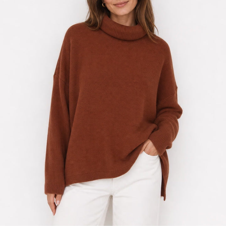 Lilla P Rust Brown Ribbed Turtleneck Oversized Tunic Sweater Large