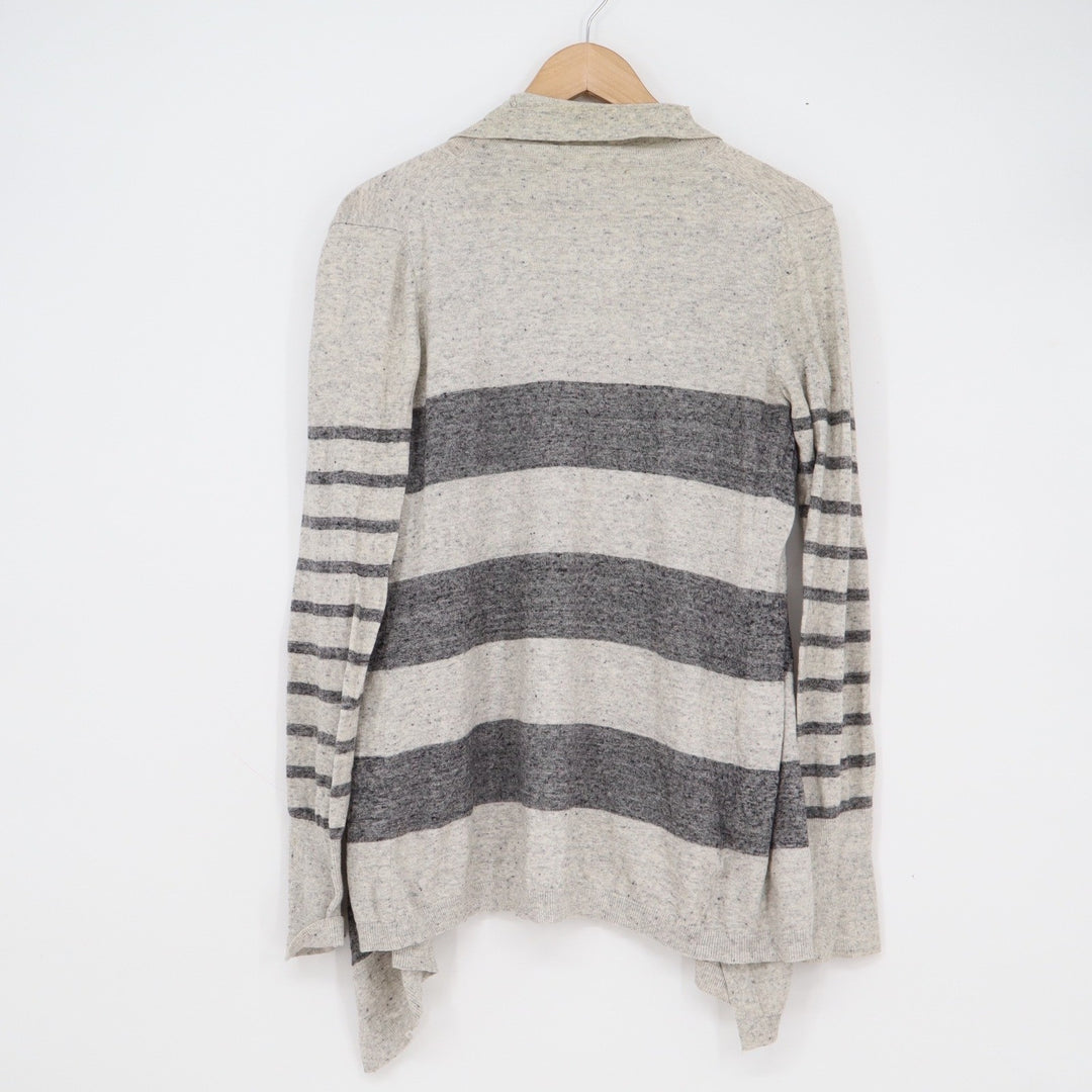 Ann Taylor Loft Womens Grey Striped Cotton Open Front Draped Cardigan Sweater S
