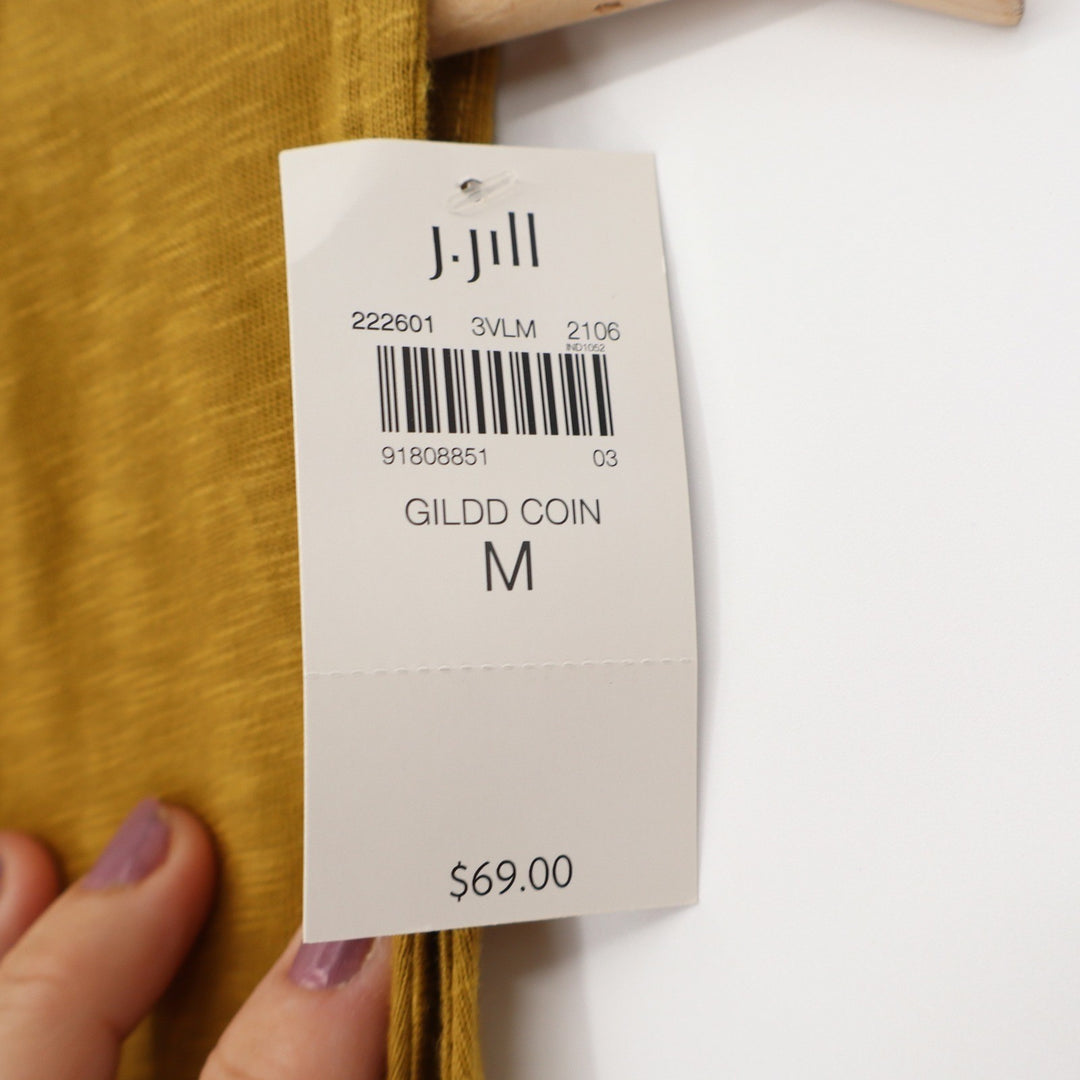 J. Jill Flounced Hem Double V-Neck Knit Dress Mustard Yellow Gilded Coin Medium