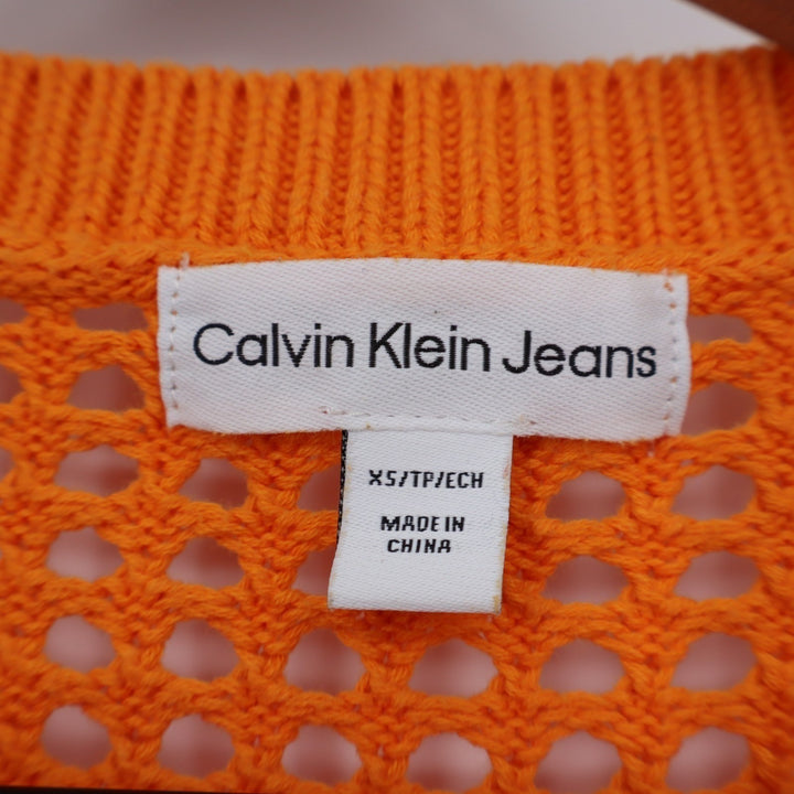 Calvin Klein Jeans Crop Sweater Womens XS Bright Orange Open Knit Cotton Ribbed