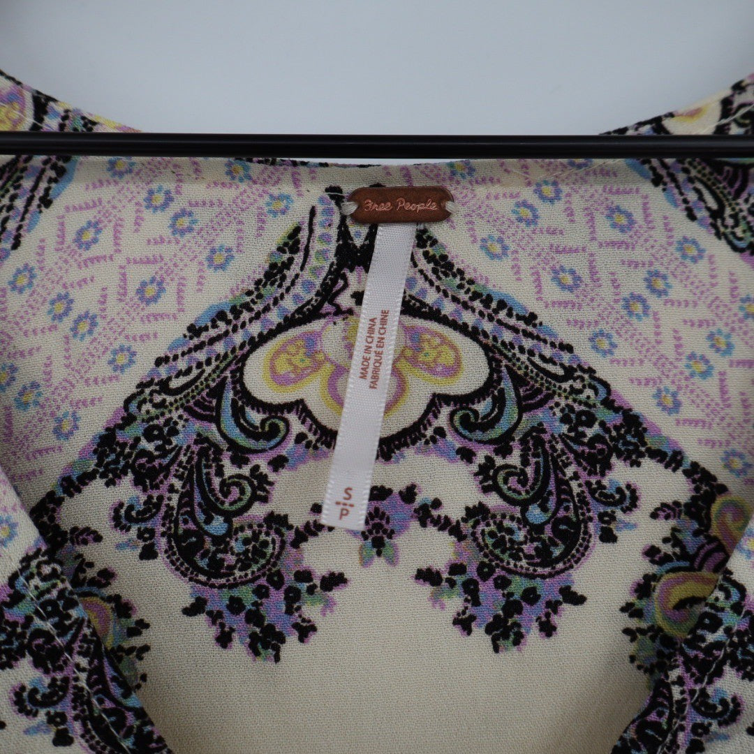 Free People Paisley Print V Neck Tunic Dress Cream Purple Yellow Size S