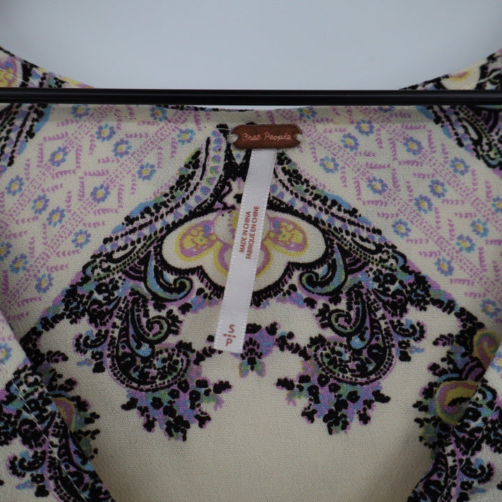 Free People Paisley Print V Neck Tunic Dress Cream Purple Yellow Size S