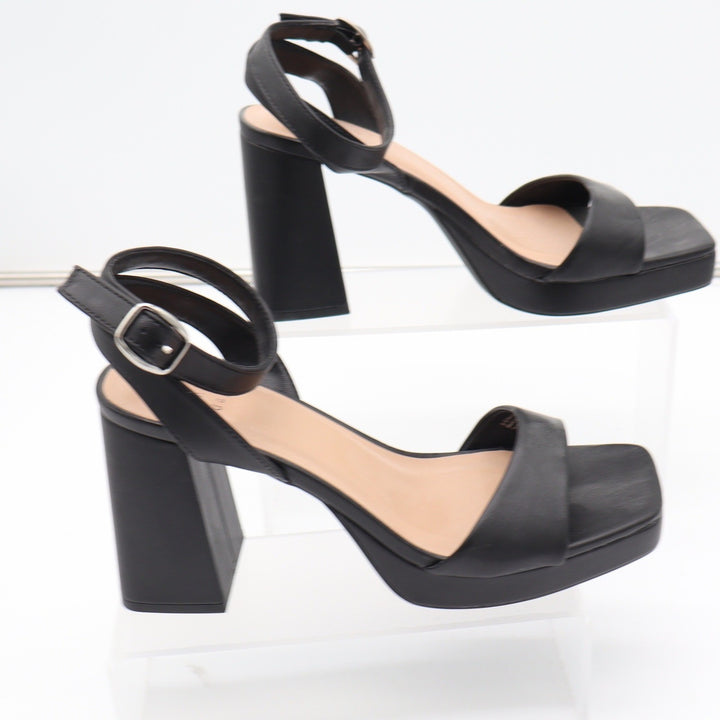 A New Day Black Platform Block Heel Sandals Square Toe Ankle Strap Womens Size 9