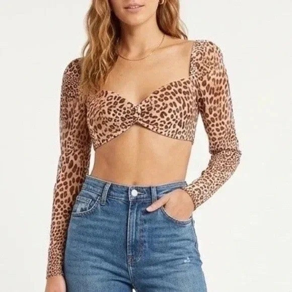 Naked Wardrobe The Statement Leopard Print Crop Top Long Sleeve Brown Small