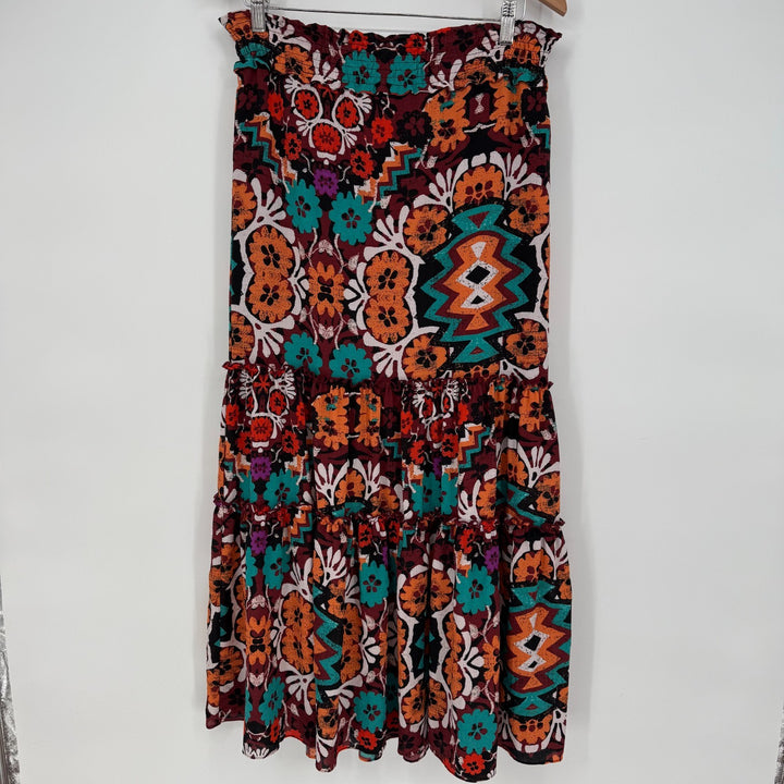 Josie Natori Tiered Maxi Skirt Womens XS Multicolor Aztec Floral Lined Smocked